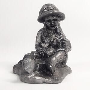 RB Ricker Pewter Girl Figurine Studio Cast Metal Miniature Bonnet Teddy Bear